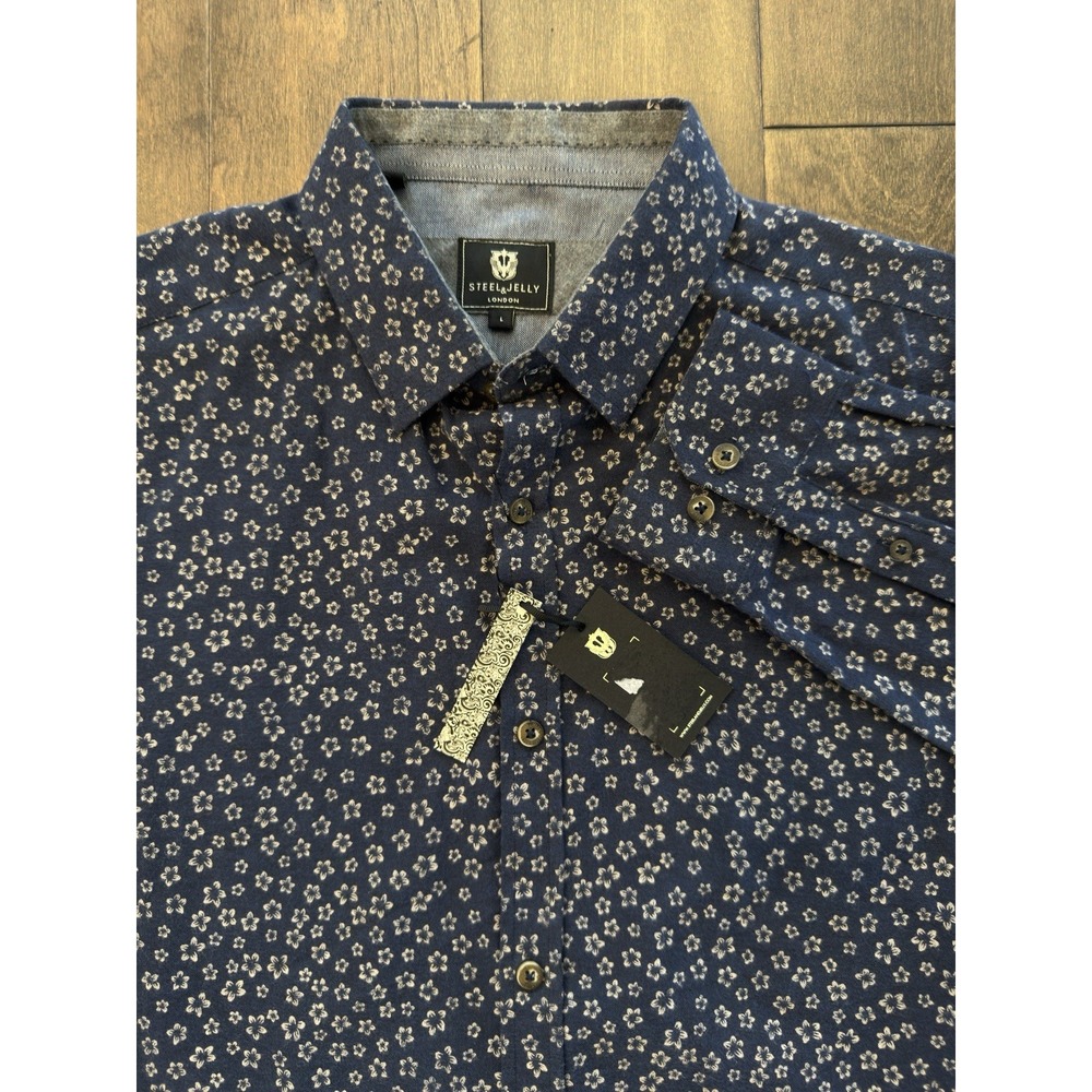 NWT Steel & Jelly Mens Long Sleeve Button Up Navy Blue Floral Print Shirt Size L
